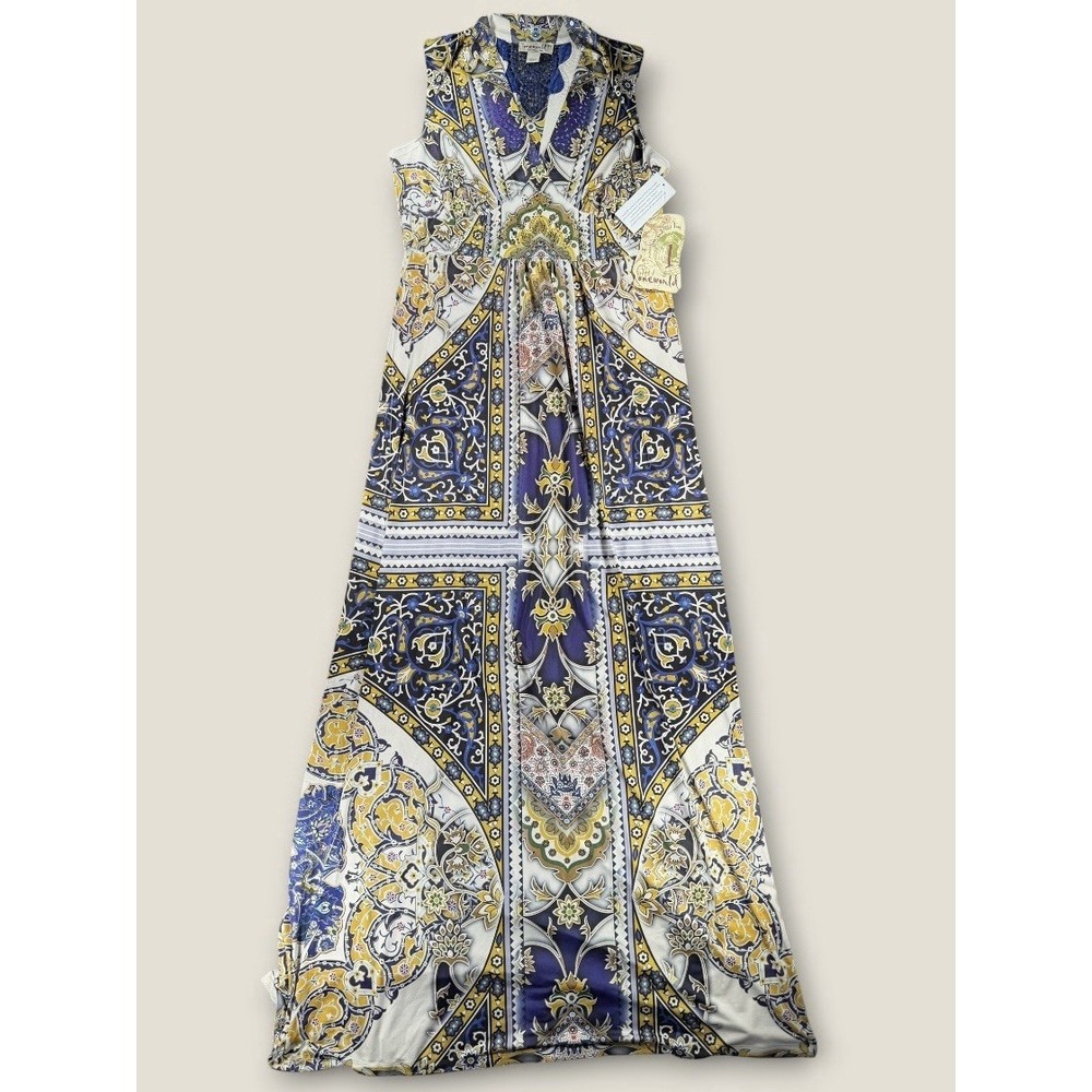 One World Maxi Dress Womens XS‎ NWT Blue Yellow Boho Paisley Crochet Back New
